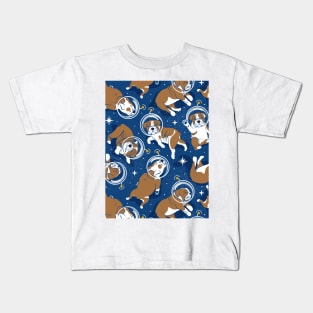 Sleepy astronaut // pattern // classic blue background white and bronze English Bulldogs goldenrod yellow antennas Kids T-Shirt